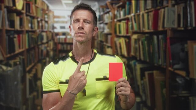 Man referee points finger at red card while holding whistle wearing neon yellow jersey in library building, eyes closed; authority.