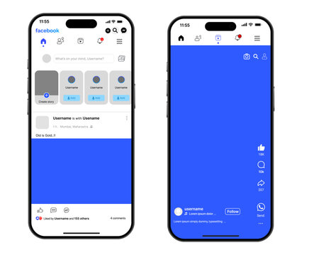 Facebook mobile UI mockup with feed posts profile stories marketplace groups and messages layout
