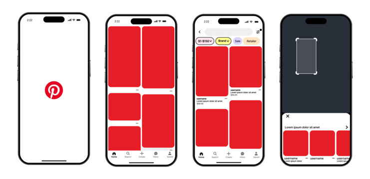 Pinterest user interface templates. mockup showcasing Pinterest Post, Idea Pin, and Story layouts. Clean and modern Pinterest social media mockup for branding, Editorial Vector.