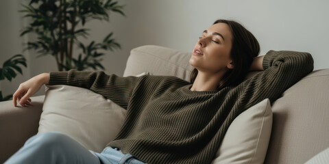 Relax home night woman happy with green comfort air fresh sofa feeling peaceful in soft light enjoying calm evening breath and cozy interior style