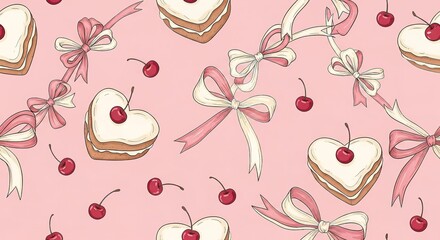 A sweet and festive pattern of heart-shaped cakes with cherries and ribbons on a pink background