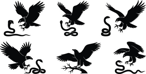 Obraz premium Black and white vector silhouette set featuring bald eagles in flight hunting and interacting with venomous snakes for nature wildlife and danger graphic design
