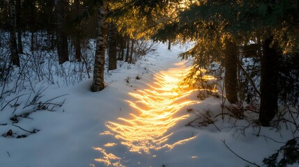 Golden sunbeams illuminate snowy forest path at dawn