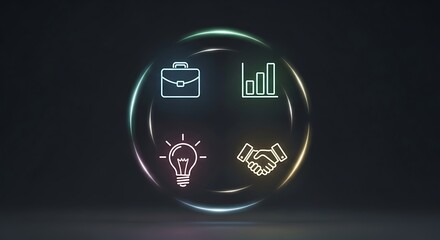 Four glowing neon business concept icons are contained within a holographic circle representing core company values.