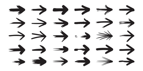 Hand drawn brush stroke arrows set with ink texture for creative design projects isolated on white background