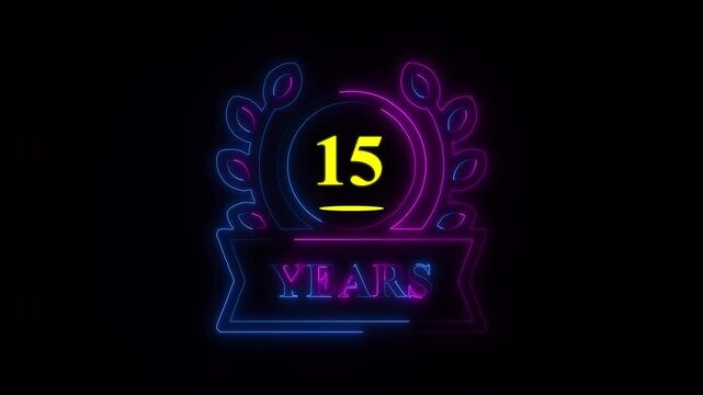 15th anniversary celebration fifteen years glowing neon sign on black background
