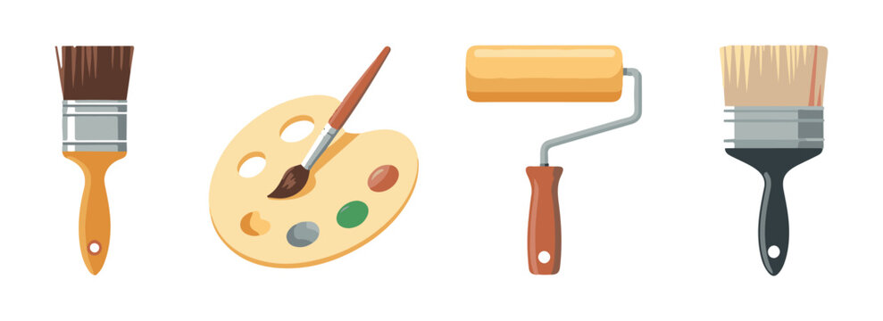 Professional painter tools illustration with brushes palette and roller in flat cartoon style for home decor