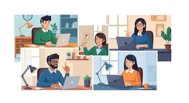 Diverse team communicates via video conference call showing four remote employees working at home desks.