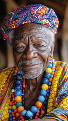 Obraz premium Elderly African Woman in Traditional Attire with Colorful Beads and Headwrap