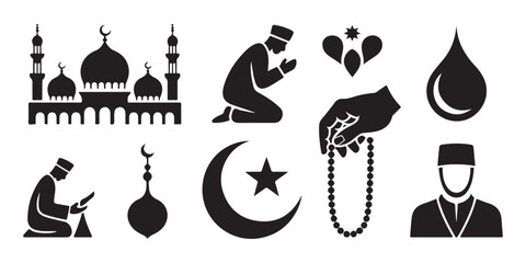 Set of islam icons isolated on white background depicting praying people, mosques, crescent moon and star