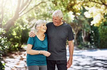 Senior couple, fitness and hug at park with break, laugh and happy with funny story in summer....