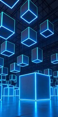 Fototapeta premium Illuminated Cubes in Modern Design: A modern and visually captivating image features floating, illuminated cubes against a dark backdrop, creating an abstract and futuristic atmosphere.