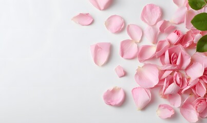 Fototapeta premium Minimalist flat lay of scattered light pink rose flowers and light pink rose petals floating in ai