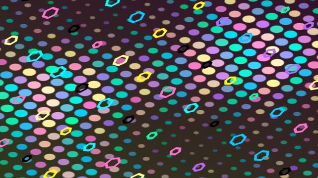 Abstract pattern of vibrant colorful dots and outlined irregular shapes on a dark background, creating a dynamic visual effect.