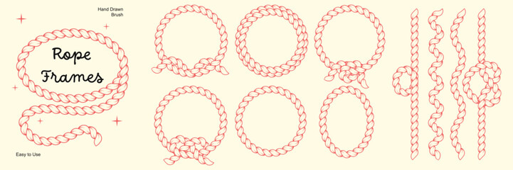 Hand drawn rope brush frames set. Braided circle cord borders and decorative lines with loops. © MandarinkaArt