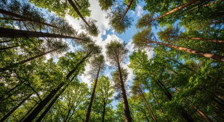 Fototapeta premium Towering tree trunks reach upward toward a partially clouded blue sky in a densely grown wood.