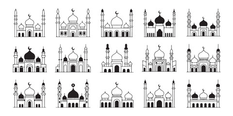 Naklejka premium Set of outline mosque buildings with minarets and domes, representing islamic architecture and worship places