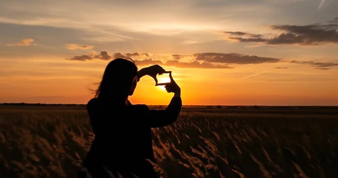 Silhouette of a person framing the sunset with hands in a serene landscape at dusk