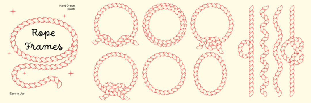 Hand drawn rope brush frames set. Braided circle cord borders and decorative lines with loops.