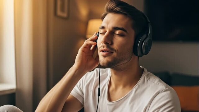 Man listening to music with headphones in cozy room. Relaxed enjoyment sequence showing closed eyes and smile. Home audio relaxation concept