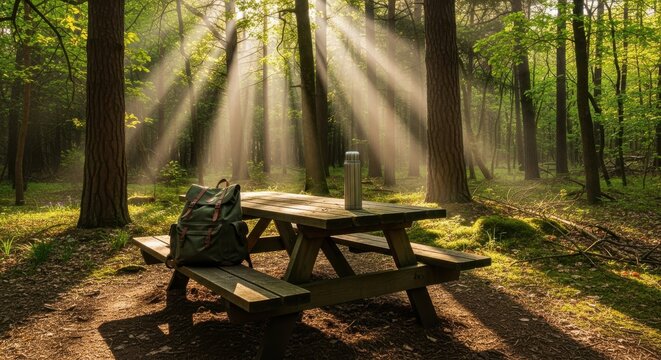 Sunlight streams through the dense canopy onto a resting area within a tranquil woodland setting.