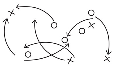 Naklejka premium Hand draw strategy game plan icon. Sketch style illustration of arrows with X and O symbols, representing sports tactics, coaching strategy, team movement, and game planning concepts. 
