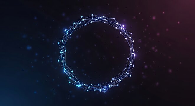 Abstract luminous digital circle composed of connected nodes floats against a dark gradient background creating a.