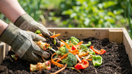 Gardening. Composting organic kitchen waste to enrich the soil in the backyard garden.