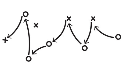 Obraz premium Hand draw strategy game plan icon. Sketch style illustration of arrows with X and O symbols, representing sports tactics, coaching strategy, team movement, and game planning concepts. 