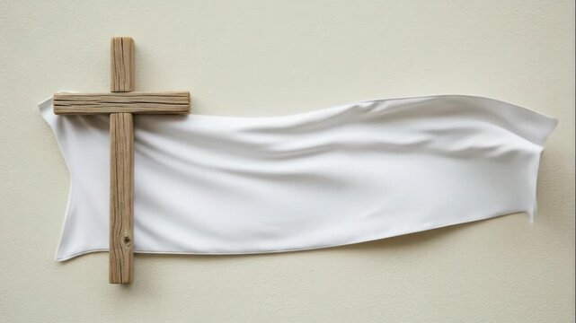 Animated wooden cross with white waving banner. Christian religious symbol for faith and spiritual concepts in biblical representation