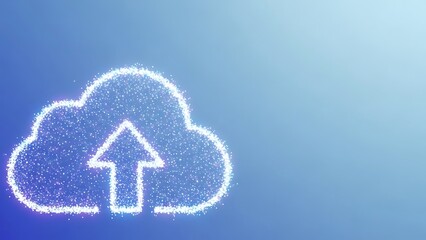Naklejka premium Glowing blue particle cloud icon with an upward pointing arrow represents digital information transfer or cloud.