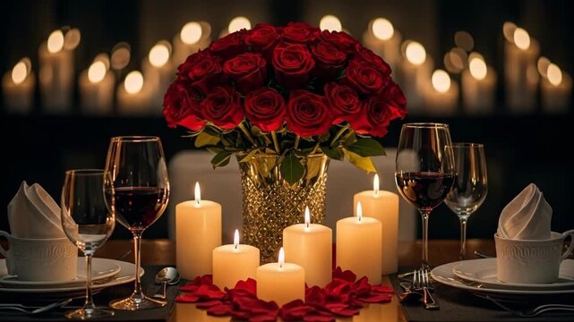 Romantic animated dinner table setup with red roses bouquet candles and wine glasses. Elegant candlelit scene for valentine celebration. Blurred background lights with rose petals on plates and