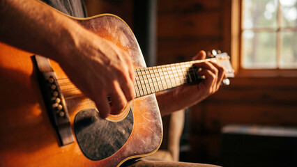 Fototapeta premium Captivating Acoustic Guitar Serenade A Musician's Passionate Performance by the Window