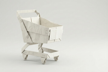 Paper origami shopping cart on gray background ecommerce concept