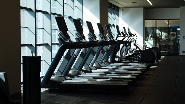 Modern gym with treadmills lined beside large windows in daylight. Clean fitness interior shows workout equipment ready for training wellness routines and healthy lifestyle goals.