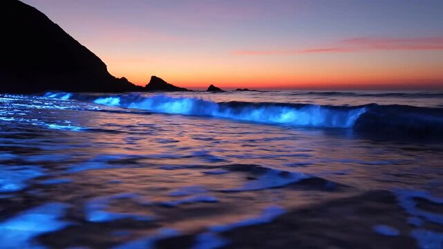 Magical bioluminescent plankton glowing blue in ocean waves washing onto a dark beach at twilight, with a colorful sunset sky.