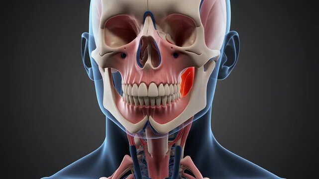 Anatomical 3D Rendering Of The Human Jaw Muscles With Highlighted Masseter Muscle On Dark Background