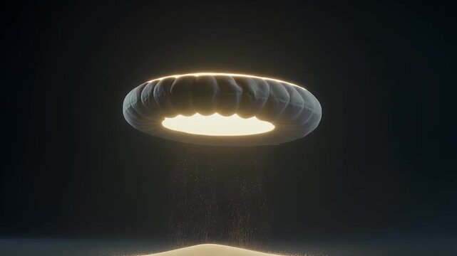 Circular glowing spacecraft hovering over a desolate landscape emitting sparks
