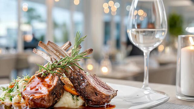 Grilled lamb rack with sauce and mashed potato served on white plate in restaurant setting