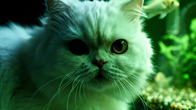 A fluffy white cat curiously watches goldfish in an aquarium.