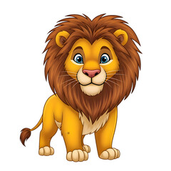 Cartoon Lion with Big Mane and Blue Eyes Standing Proudly on White Background king of the jungle