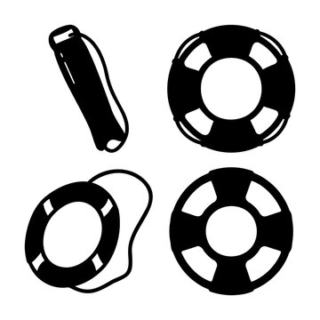 Essential water safety equipment and swimming aids illustration featuring lifebuoys and a float