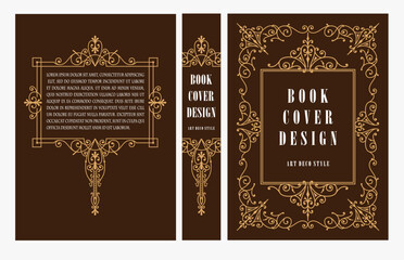 Naklejka premium Classic vintage book cover and spine with gold and black art deco, art nouveau ornament, decorative frame, elegant retro style for classic publications, posters, artistic layouts