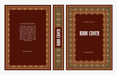 Fototapeta premium Classic vintage book cover and spine with gold and black art deco, art nouveau ornament, decorative frame, elegant retro style for classic publications, posters, artistic layouts