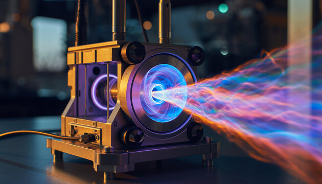 High-tech device emitting colorful plasma or laser beam, possibly for scientific experiments.