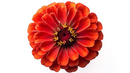 Red zinnia in full bloom, against a white background.
