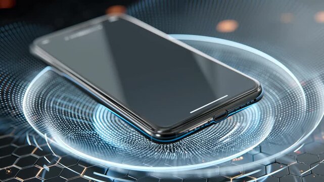 Smartphone wireless charging digital pad glowing with futuristic hexagonal pattern and interface