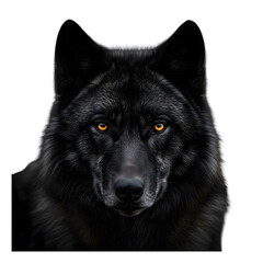 Close up portrait of a black wolf with piercing orange eyes on a white background animal wild animal