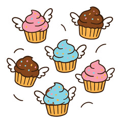 Playful vector illustration of floating cupcakes with tiny wings, soaring as sweet, whimsical treats against a clean white background.