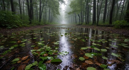 Obraz premium Fallen foliage floats upon standing water on a dense forest path enveloped in mist.